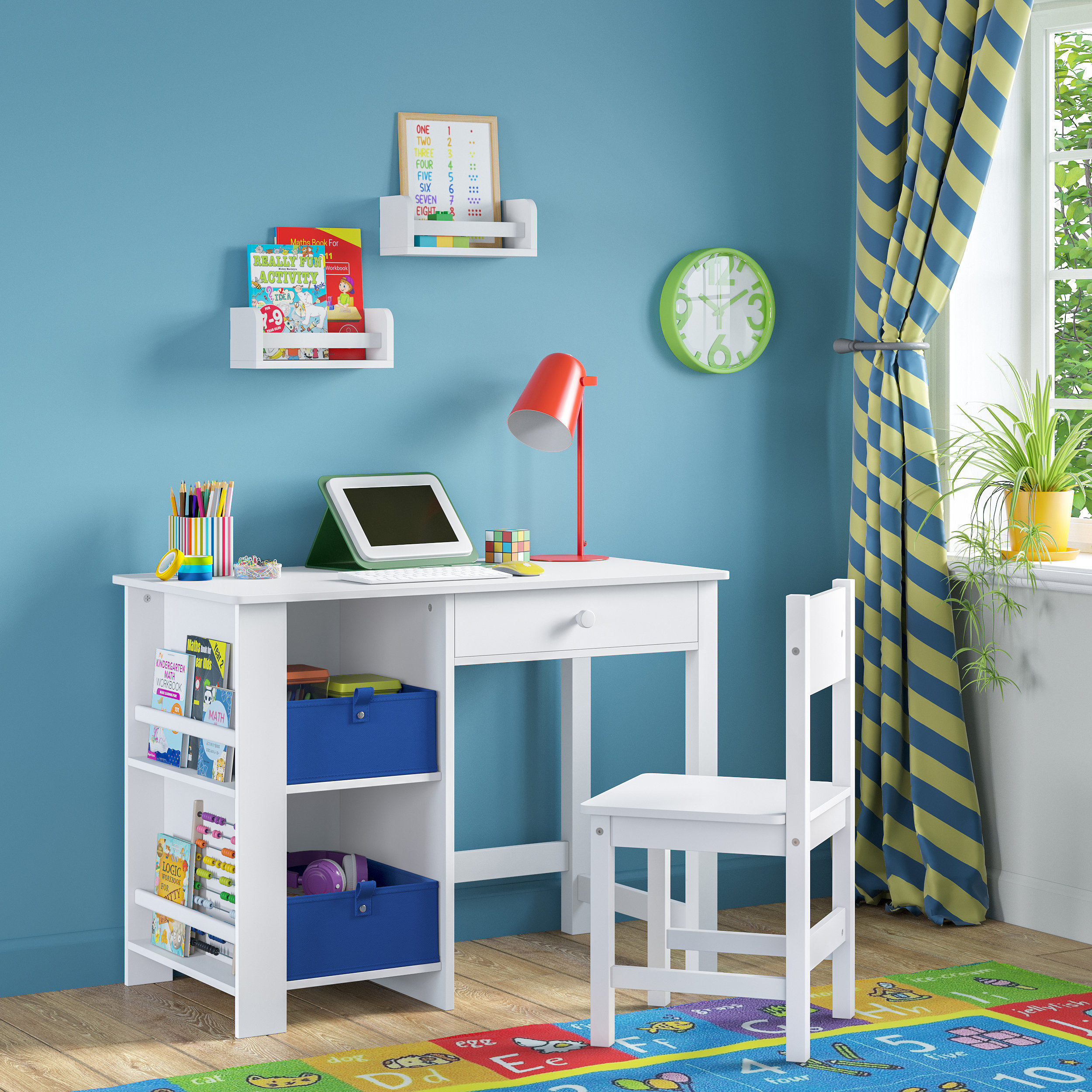RiverRidge Home RiverRidge Kids Desk and Chair Playroom Set with 2 Art Storage Cubbies, 2 Side ...
